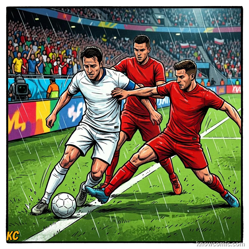 Comic panel titled pressing traps close the doors, labelled wide trap, from the KnowComic World Cup 2026 lesson on pressing: hunting in packs