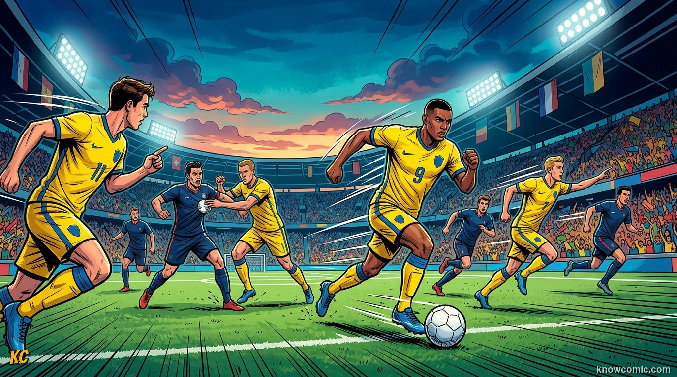 Comic panel titled energy when to press and when to rest, labelled manage the battery, from the KnowComic World Cup 2026 lesson on pressing: hunting in packs