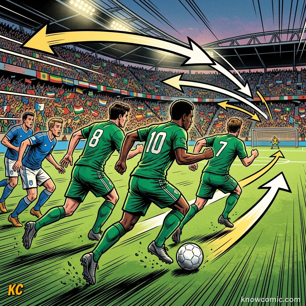 Comic panel titled from defence to attack in one move, labelled triggers, from the KnowComic World Cup 2026 lesson on pressing: hunting in packs