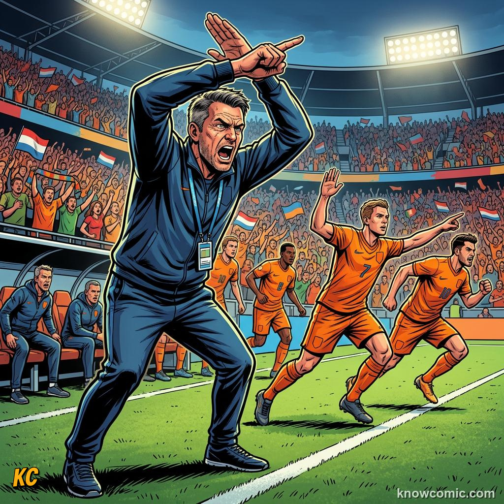 Comic panel titled from defence to attack in one move, labelled rotation, from the KnowComic World Cup 2026 lesson on pressing: hunting in packs