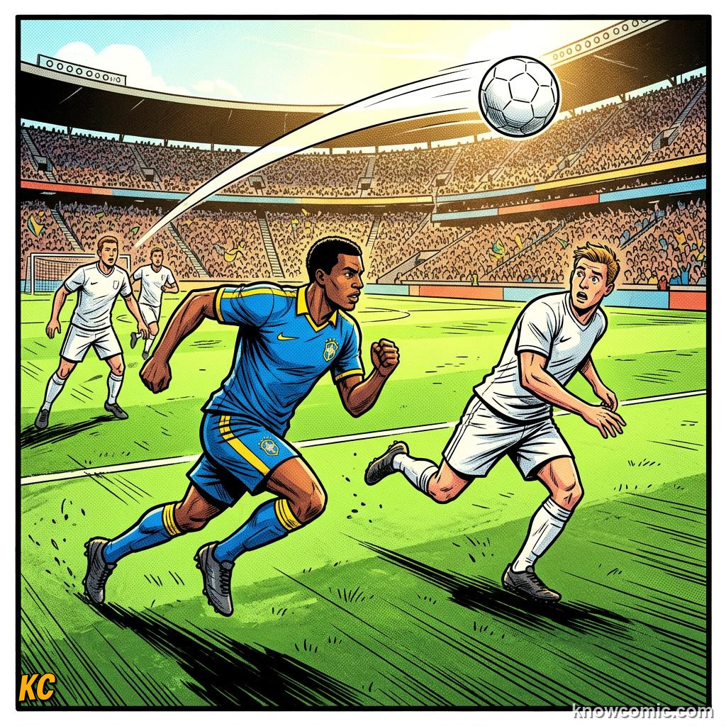 Comic panel titled from defence to attack in one move, labelled recover, from the KnowComic World Cup 2026 lesson on pressing: hunting in packs