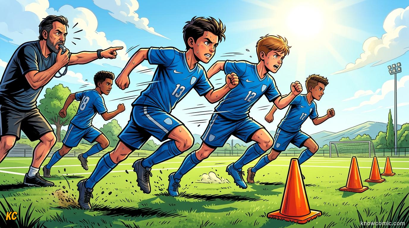 Comic panel titled from defence to attack in one move, labelled train the pack, from the KnowComic World Cup 2026 lesson on pressing: hunting in packs