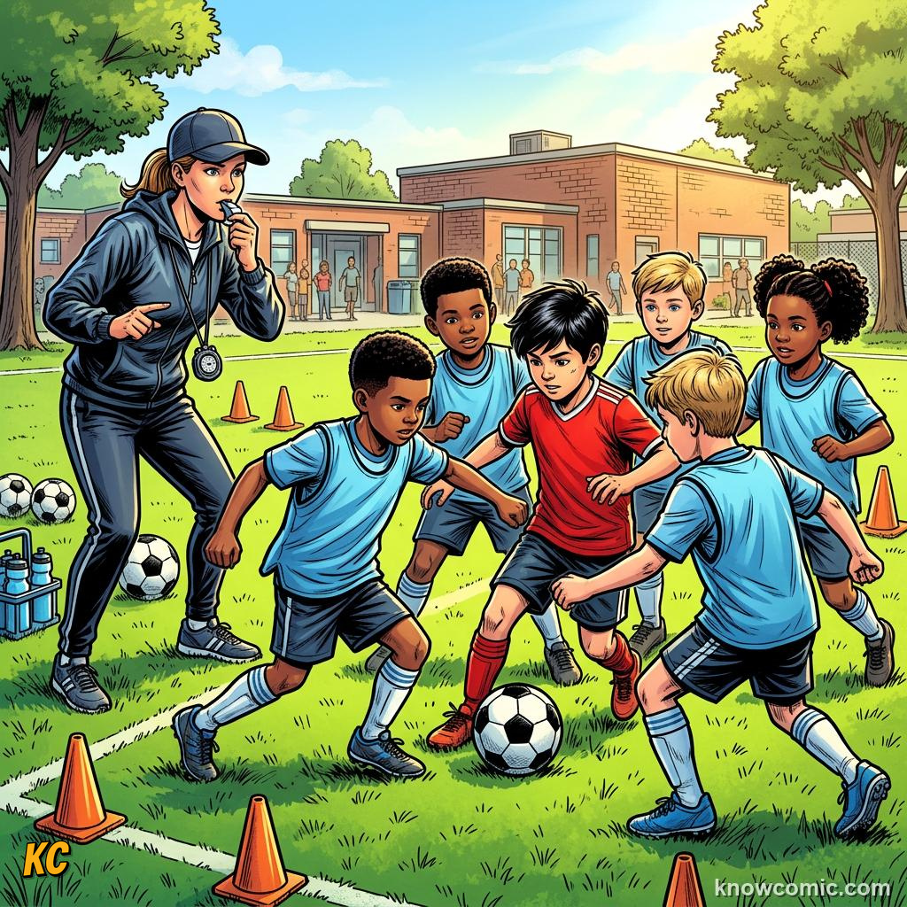 Comic panel labelled trap drill, illustrating pressing: hunting in packs in KnowComic's World Cup 2026 series