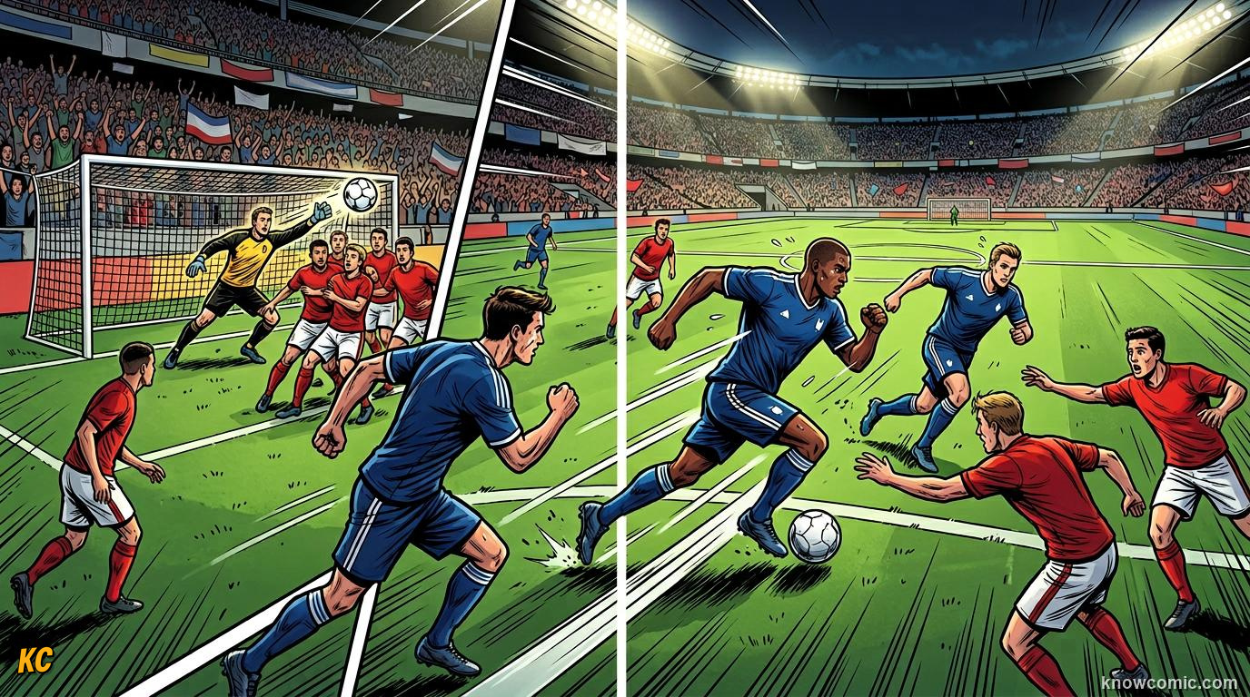 Comic panel titled what is a counter-attack, labelled from defence to goal, from the KnowComic World Cup 2026 lesson on counter-attack lightning