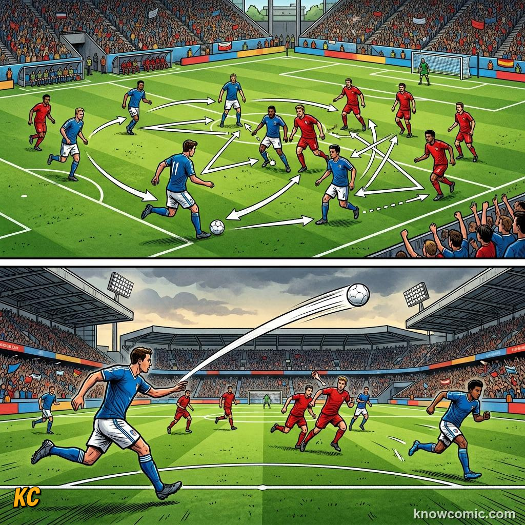 Comic panel titled the transition defence to attack, labelled instant goal, from the KnowComic World Cup 2026 lesson on counter-attack lightning