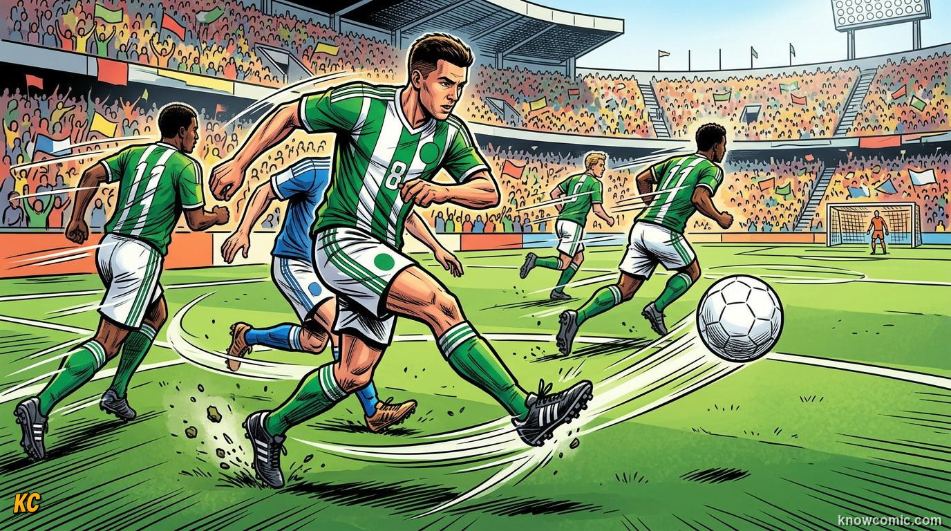 Comic panel titled the transition defence to attack, labelled switch gears, from the KnowComic World Cup 2026 lesson on counter-attack lightning