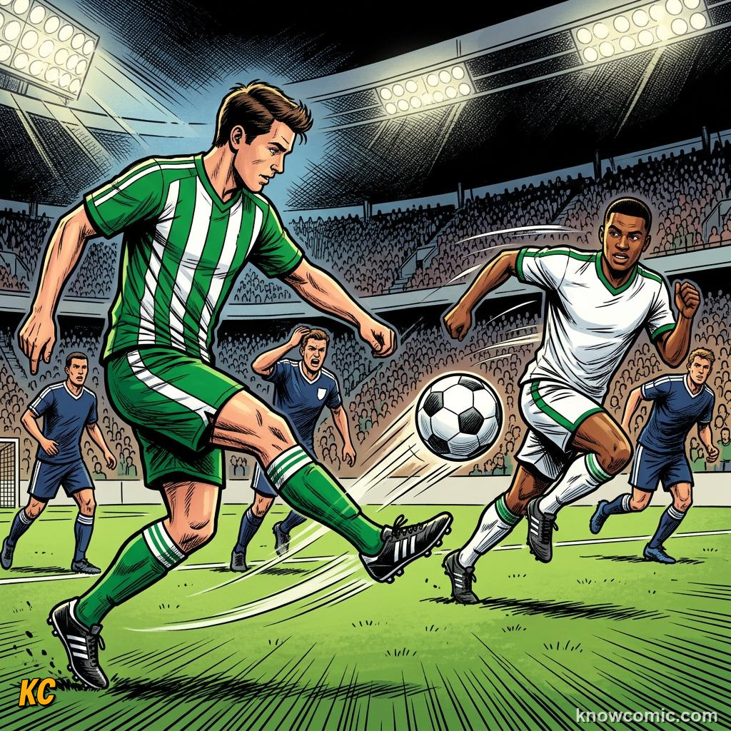 Comic panel titled speed beats numbers, labelled win it, from the KnowComic World Cup 2026 lesson on counter-attack lightning