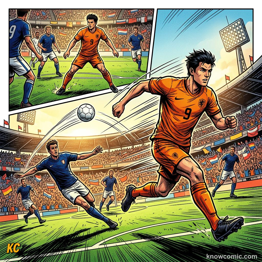 Comic panel titled speed beats numbers, labelled look up, from the KnowComic World Cup 2026 lesson on counter-attack lightning