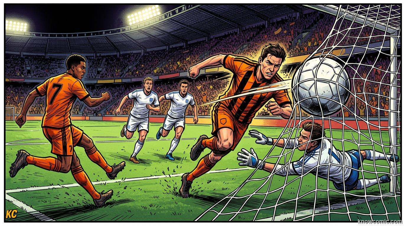 Comic panel titled speed beats numbers, labelled outrun them, from the KnowComic World Cup 2026 lesson on counter-attack lightning