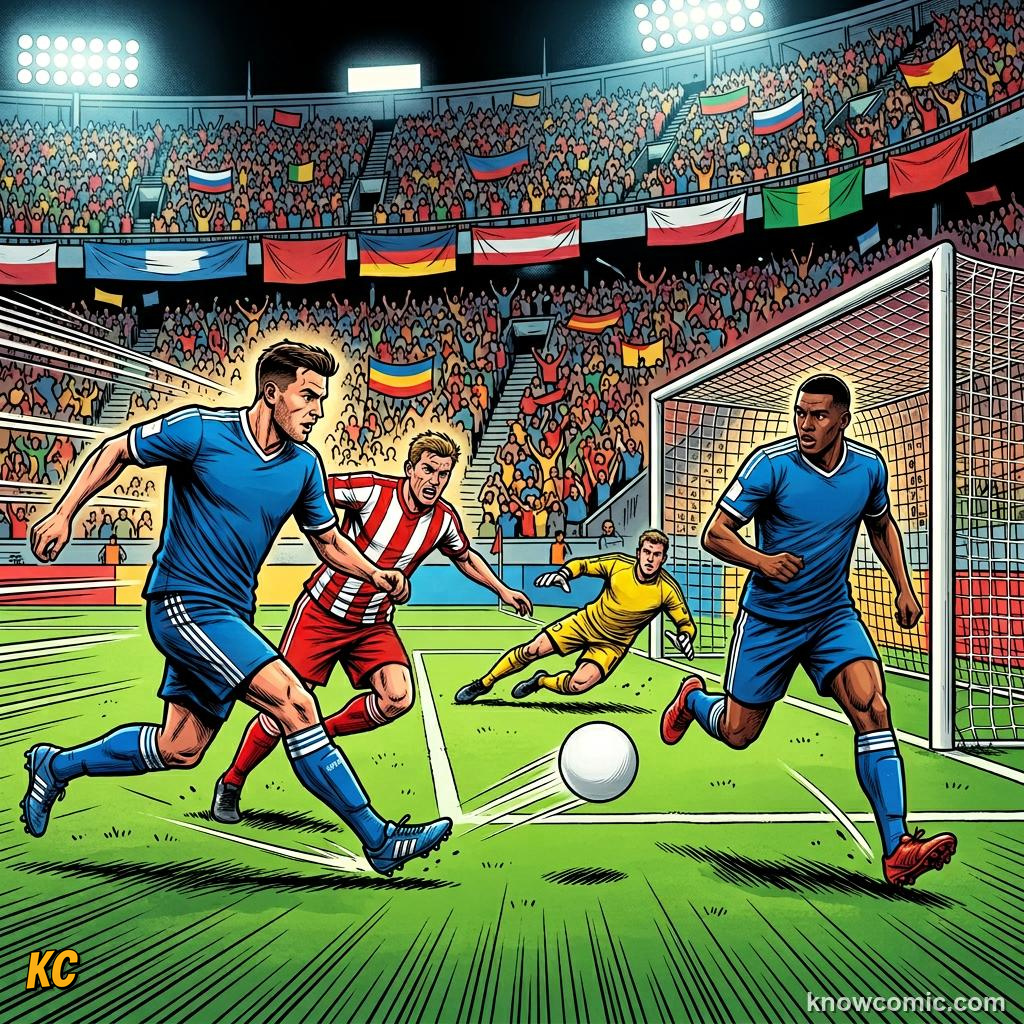 Comic panel titled speed beats numbers, labelled vertical pass, from the KnowComic World Cup 2026 lesson on counter-attack lightning