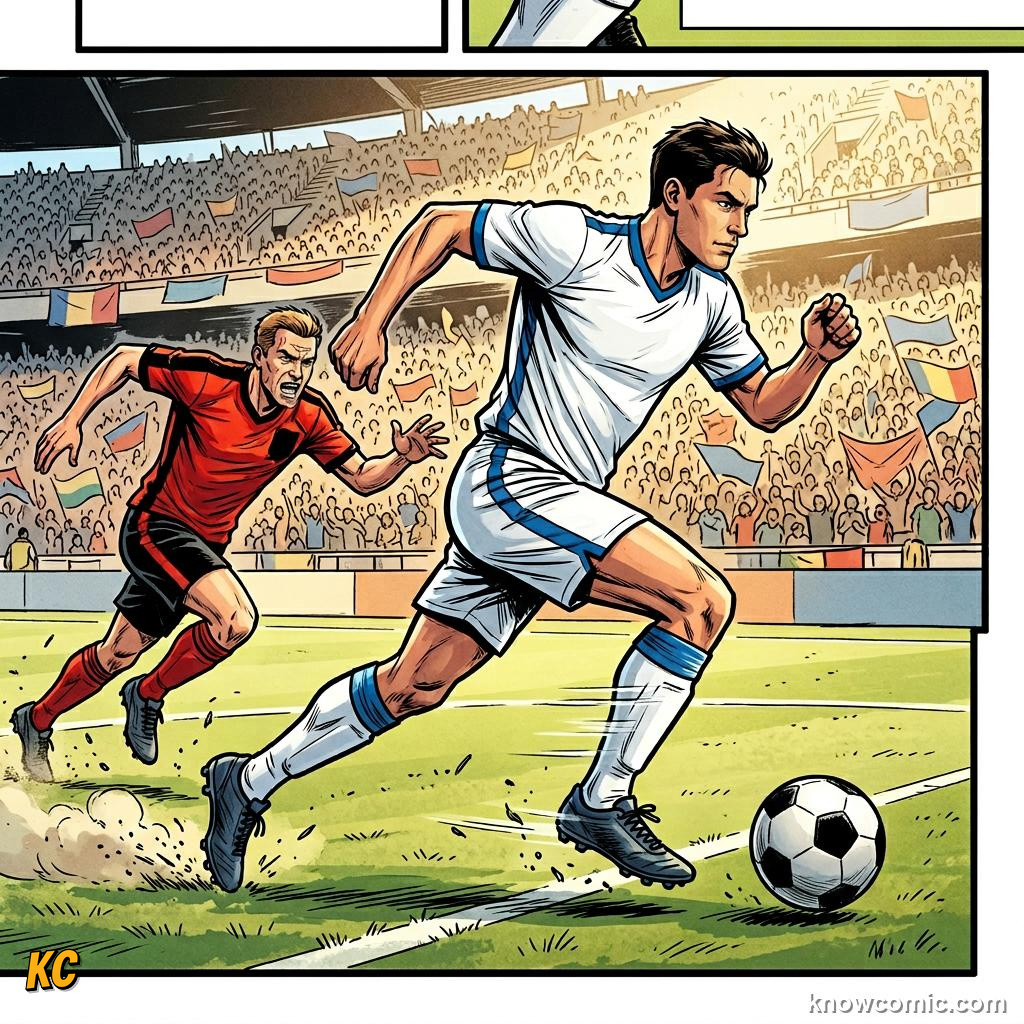 Comic panel titled speed beats numbers, labelled long ball, from the KnowComic World Cup 2026 lesson on counter-attack lightning