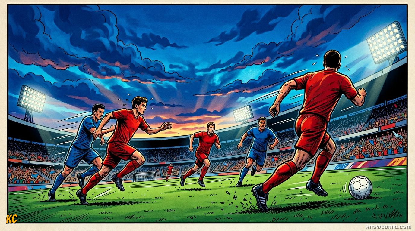 Comic panel titled who runs where, labelled team movement, from the KnowComic World Cup 2026 lesson on counter-attack lightning