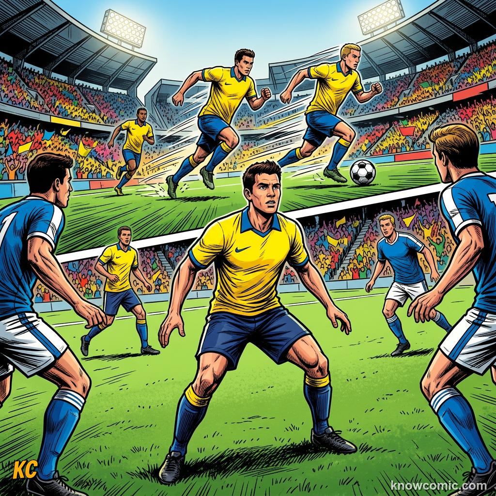 Comic panel titled how coaches build counters, labelled wingers, from the KnowComic World Cup 2026 lesson on counter-attack lightning