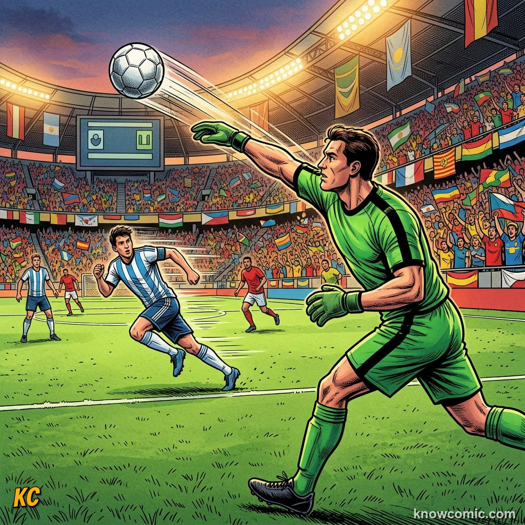 Comic panel titled how coaches build counters, labelled striker, from the KnowComic World Cup 2026 lesson on counter-attack lightning