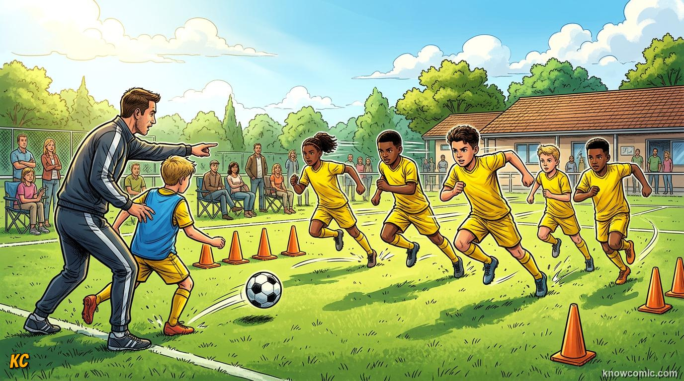Comic panel titled how coaches build counters, labelled train the break, from the KnowComic World Cup 2026 lesson on counter-attack lightning