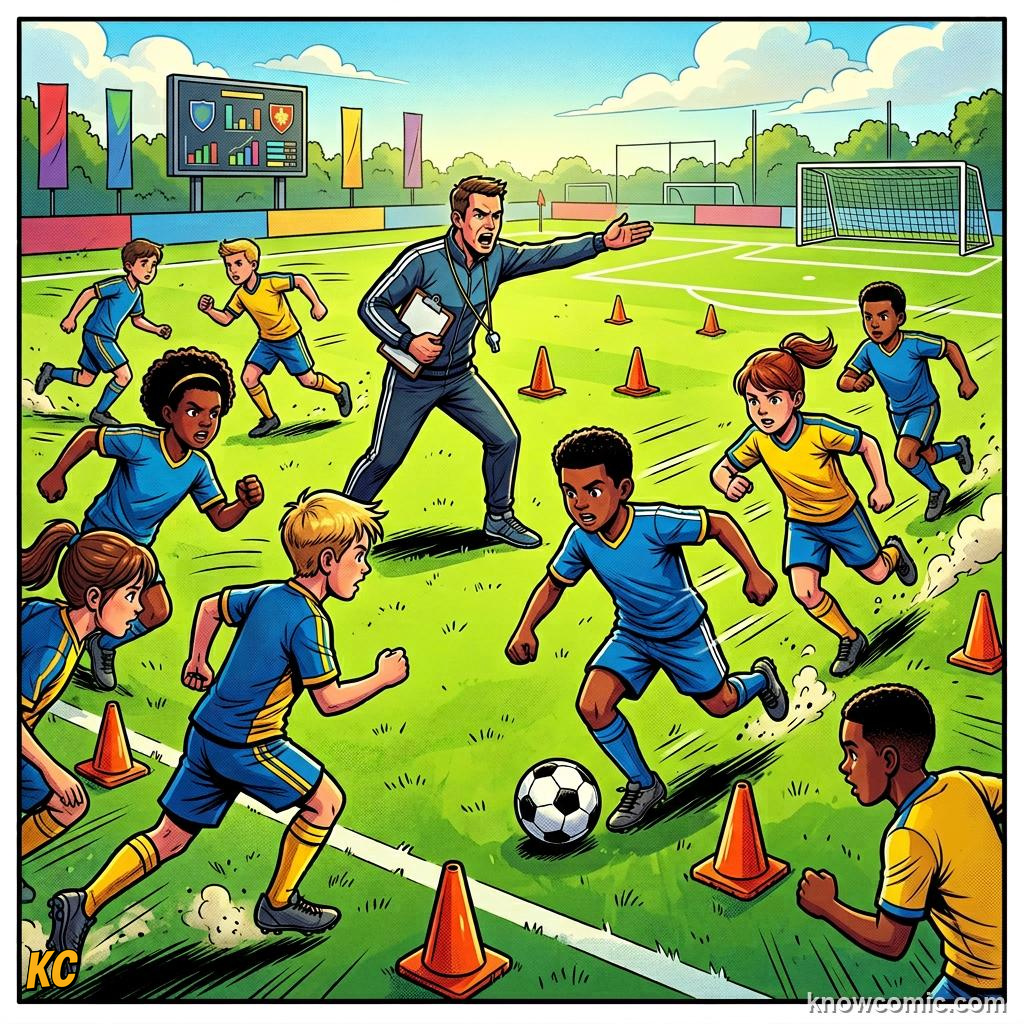 Comic panel labelled sprint reps, illustrating counter-attack lightning in KnowComic's World Cup 2026 series