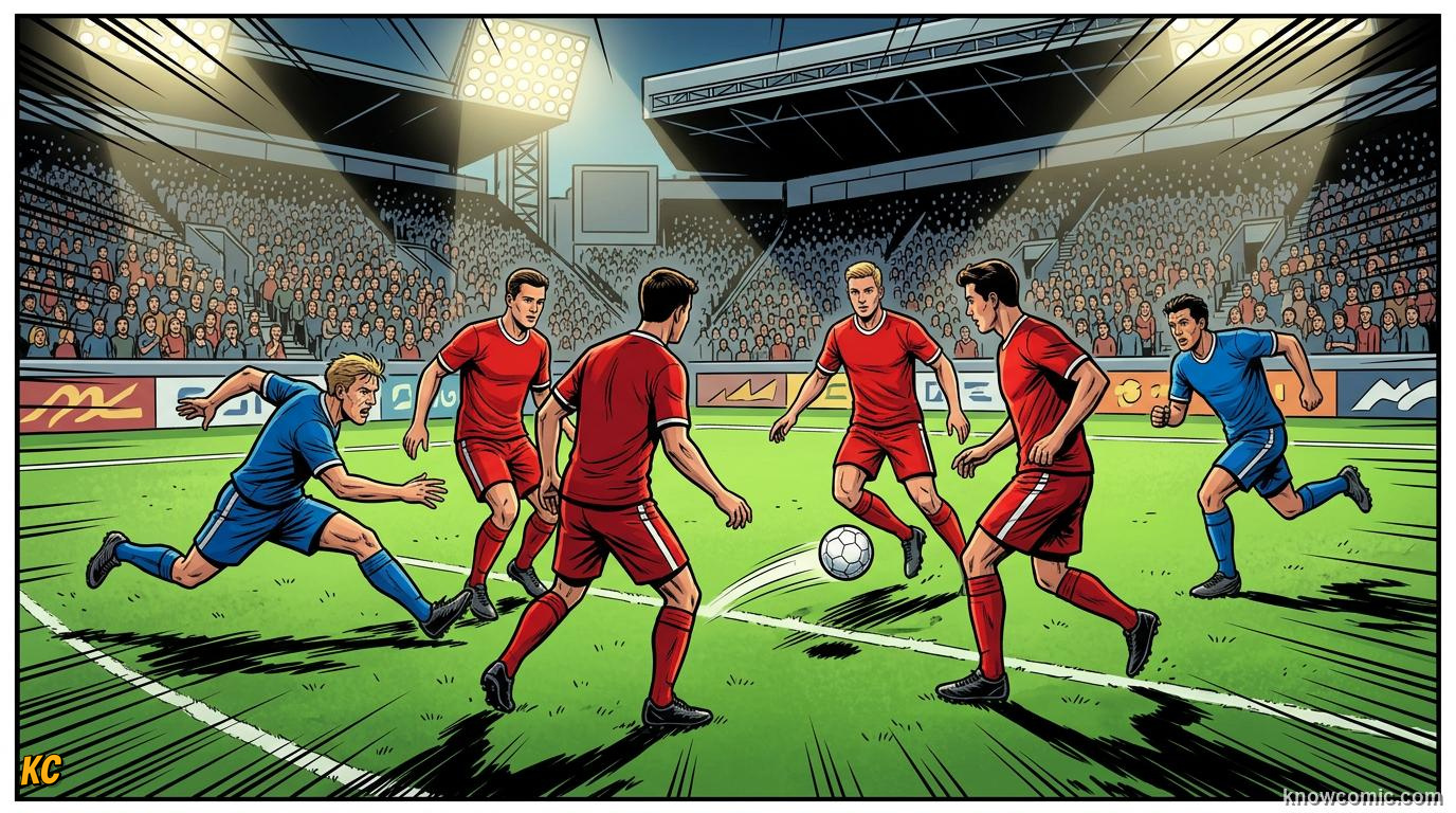 Comic panel titled what is possession football, labelled own the match, from the KnowComic World Cup 2026 lesson on possession & tiki-taka