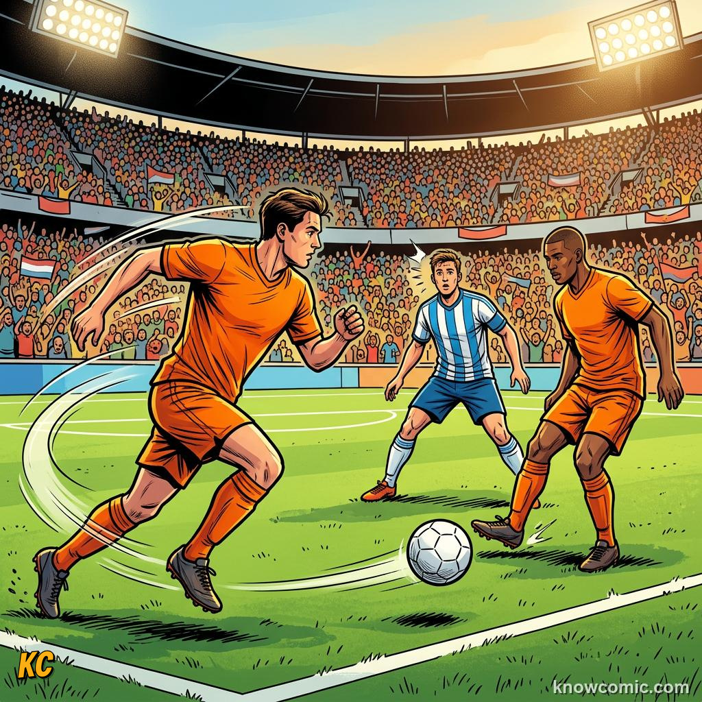 Comic panel titled passing triangles, labelled quick feet, from the KnowComic World Cup 2026 lesson on possession & tiki-taka