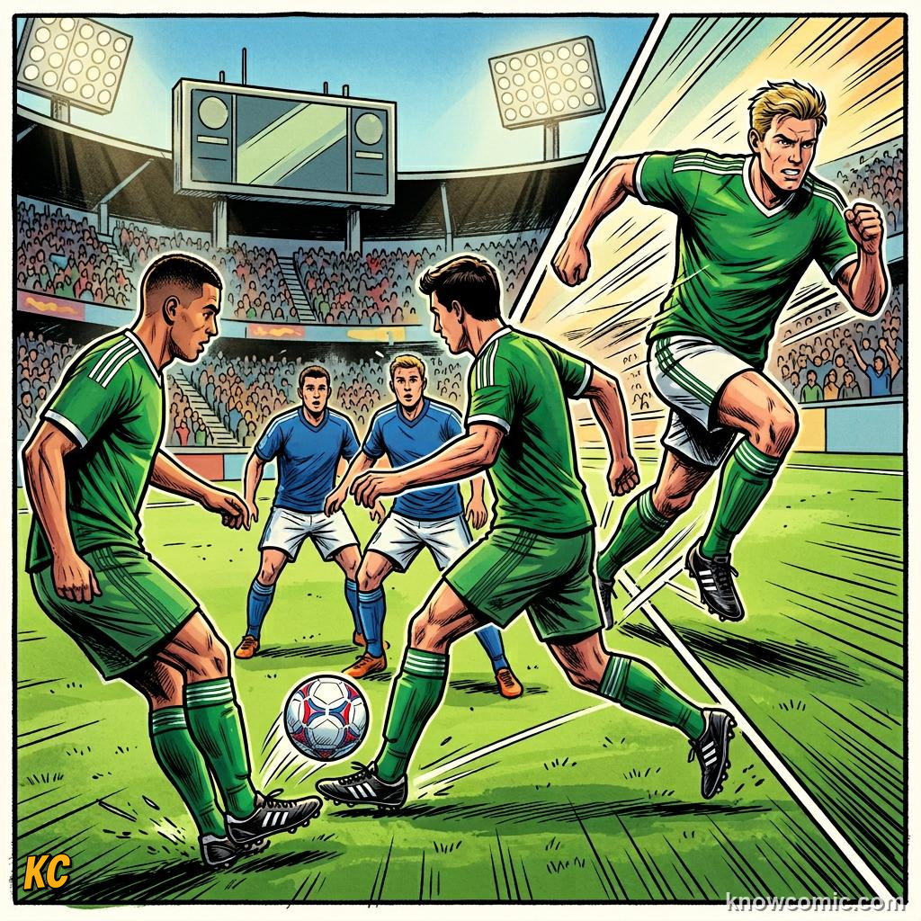 Comic panel titled passing triangles, labelled one-two, from the KnowComic World Cup 2026 lesson on possession & tiki-taka