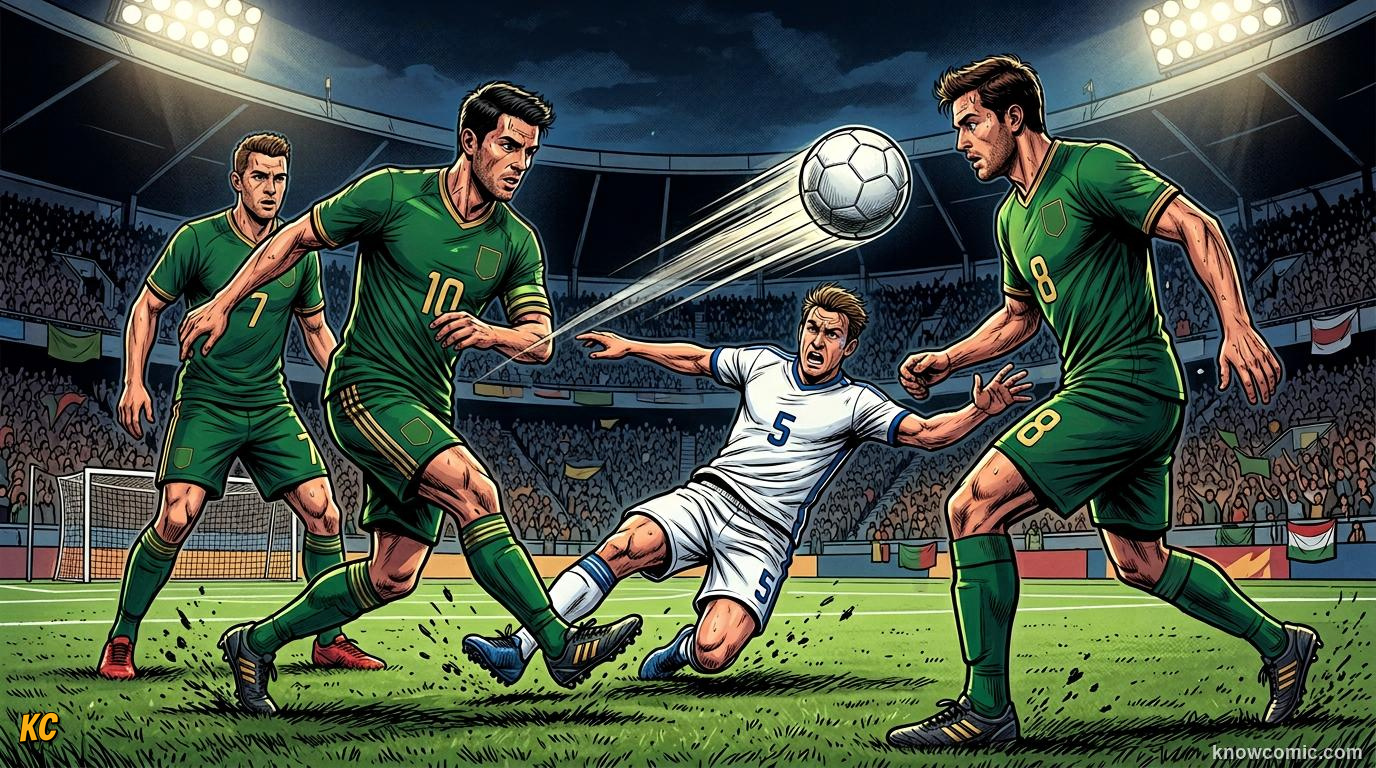 Comic panel titled passing triangles, labelled shape the attack, from the KnowComic World Cup 2026 lesson on possession & tiki-taka