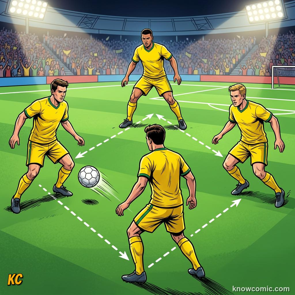 Comic panel titled passing triangles, labelled three players, from the KnowComic World Cup 2026 lesson on possession & tiki-taka