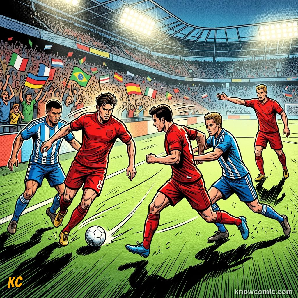 Comic panel titled passing triangles, labelled overload, from the KnowComic World Cup 2026 lesson on possession & tiki-taka