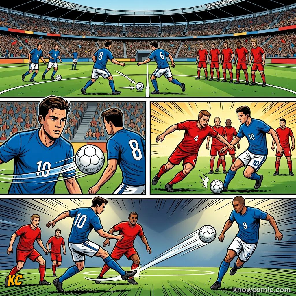 Comic panel titled how coaches build possession players, labelled calm on ball, from the KnowComic World Cup 2026 lesson on possession & tiki-taka