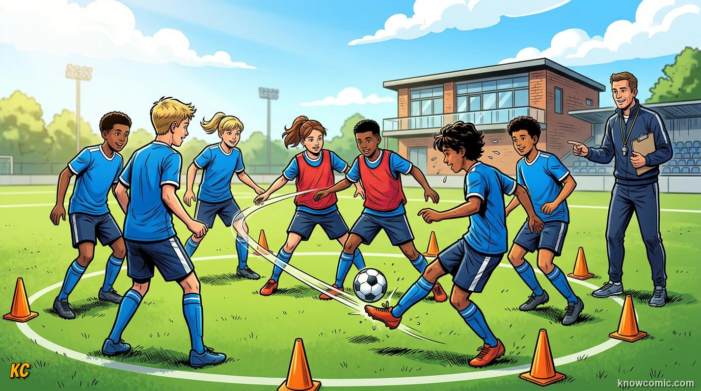 Comic panel titled how coaches build possession players, labelled train to possess, from the KnowComic World Cup 2026 lesson on possession & tiki-taka