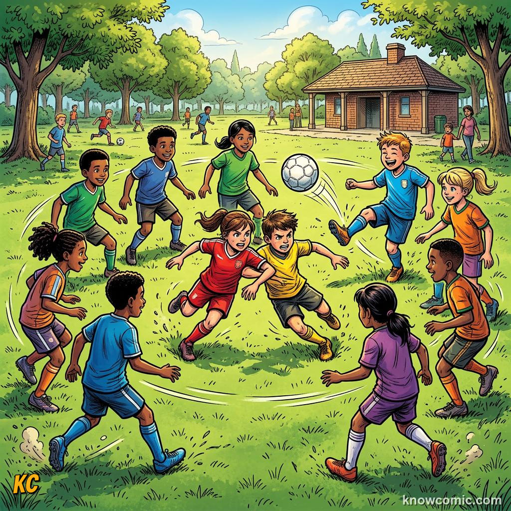 Comic panel labelled rondos, illustrating possession & tiki-taka in KnowComic's World Cup 2026 series