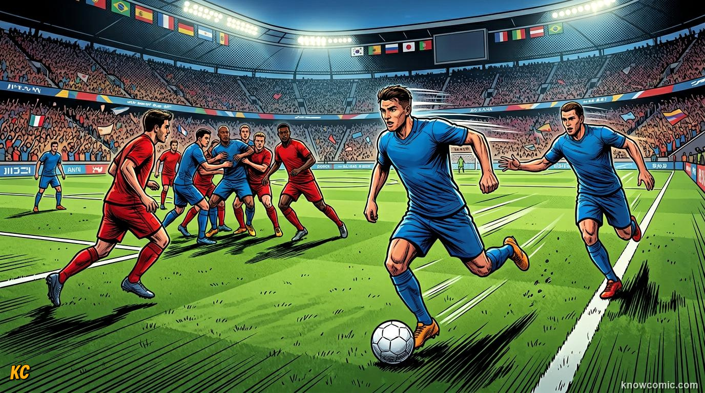 Comic panel titled who are the wingers, labelled out wide, from the KnowComic World Cup 2026 lesson on wing play & crosses