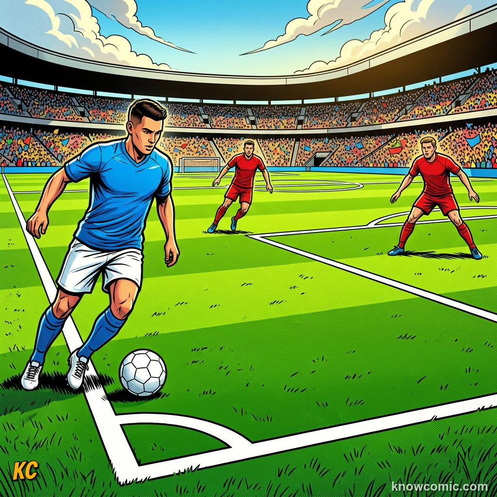 Comic panel titled why width opens space, labelled left or right, from the KnowComic World Cup 2026 lesson on wing play & crosses