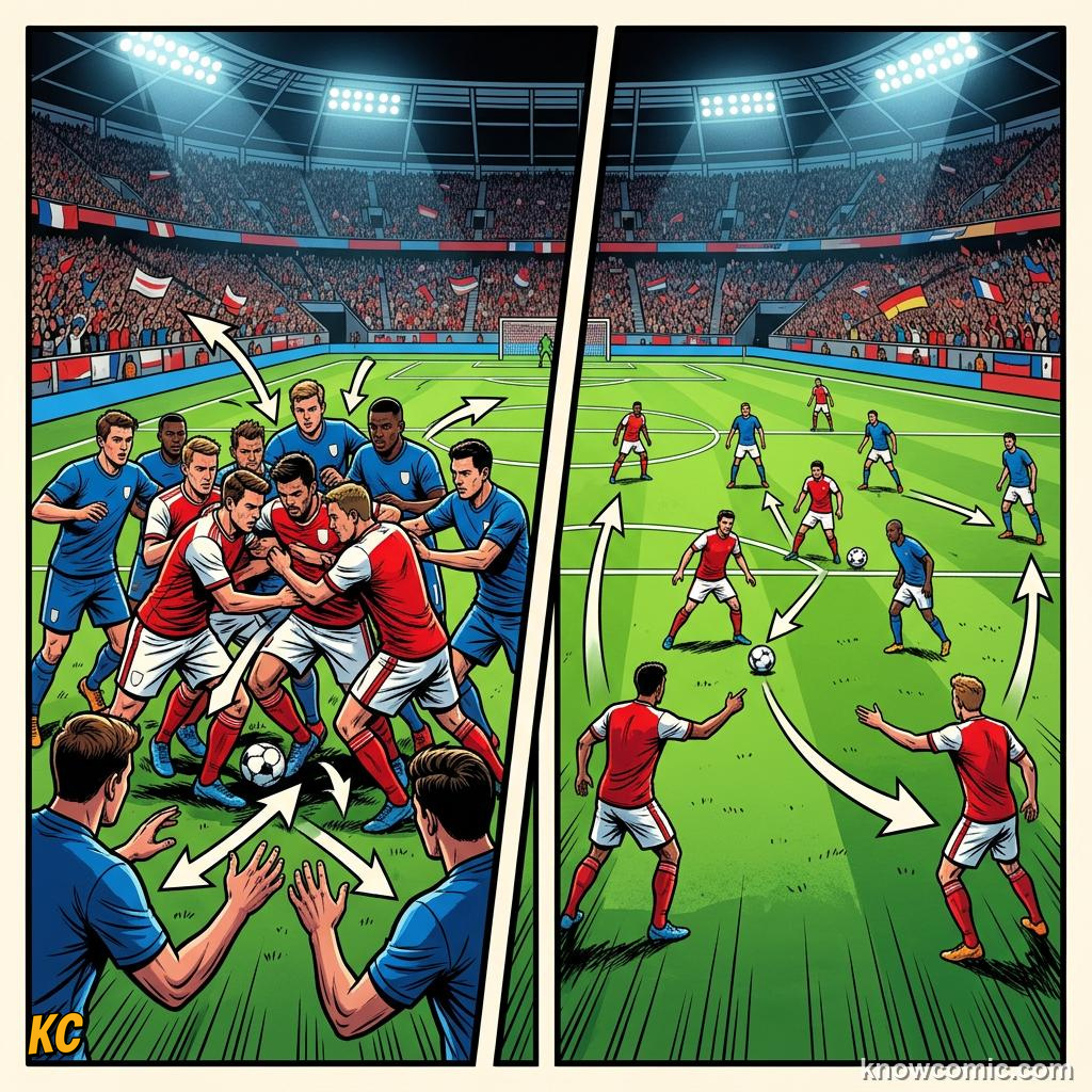 Comic panel titled why width opens space, labelled one on one, from the KnowComic World Cup 2026 lesson on wing play & crosses