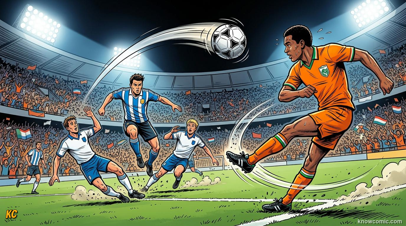 Comic panel titled why width opens space, labelled use the width, from the KnowComic World Cup 2026 lesson on wing play & crosses