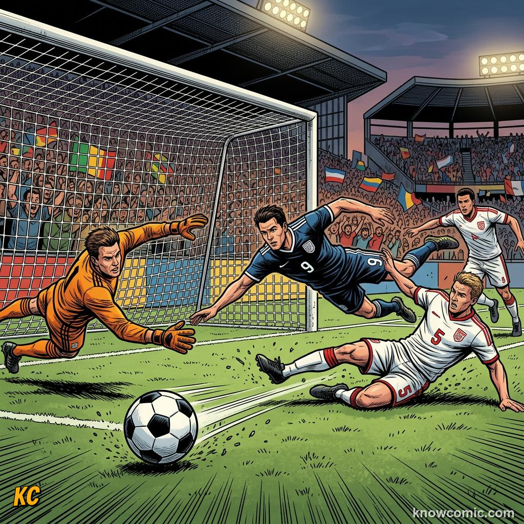 Comic panel titled how to cross like a pro, labelled switch play, from the KnowComic World Cup 2026 lesson on wing play & crosses