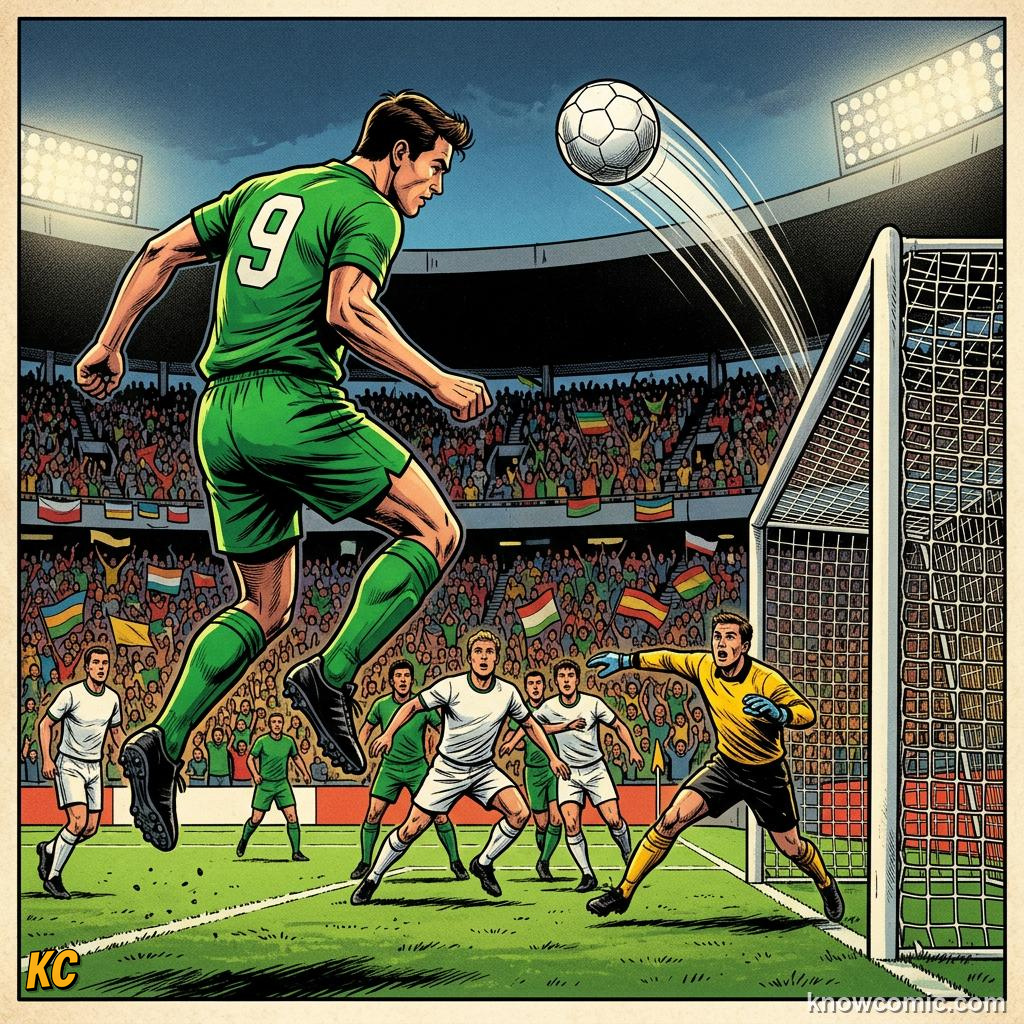 Comic panel titled how to cross like a pro, labelled overload, from the KnowComic World Cup 2026 lesson on wing play & crosses