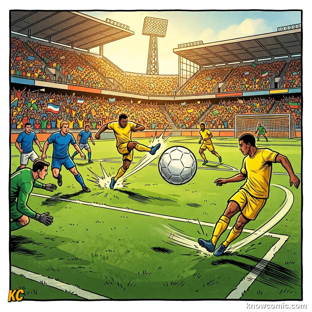Comic panel titled how to cross like a pro, labelled byline, from the KnowComic World Cup 2026 lesson on wing play & crosses