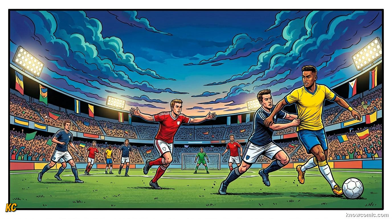 Comic panel titled finishing from a cross, labelled attack the ball, from the KnowComic World Cup 2026 lesson on wing play & crosses