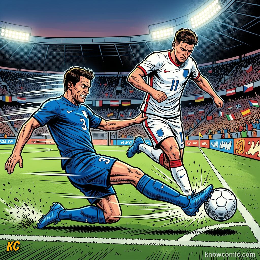 Comic panel titled how coaches build wide attackers, labelled technique, from the KnowComic World Cup 2026 lesson on wing play & crosses