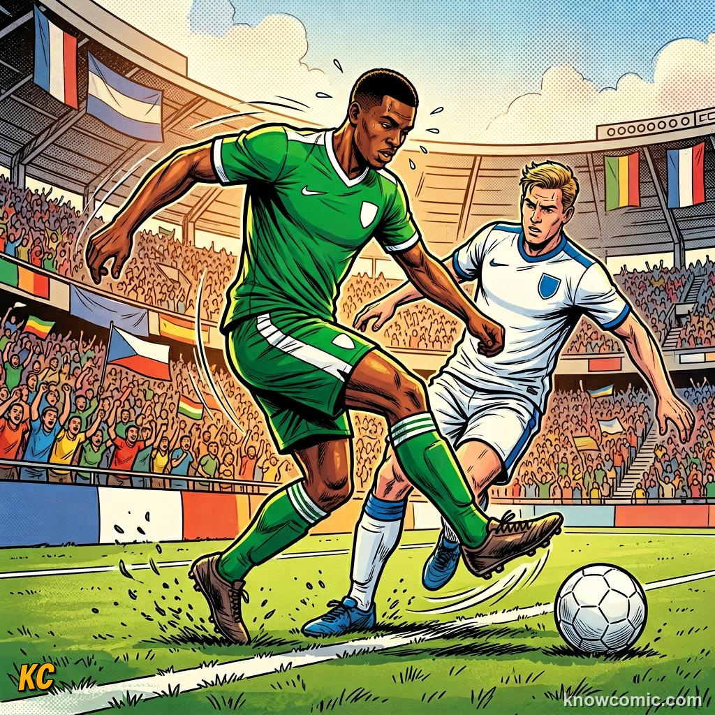 Comic panel titled how coaches build wide attackers, labelled second ball, from the KnowComic World Cup 2026 lesson on wing play & crosses