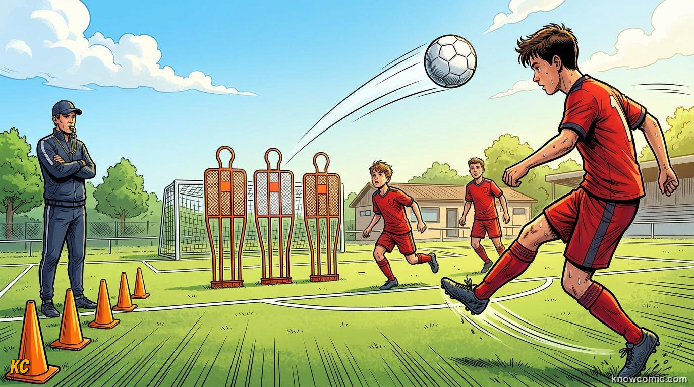 Comic panel titled how coaches build wide attackers, labelled train your wing play, from the KnowComic World Cup 2026 lesson on wing play & crosses
