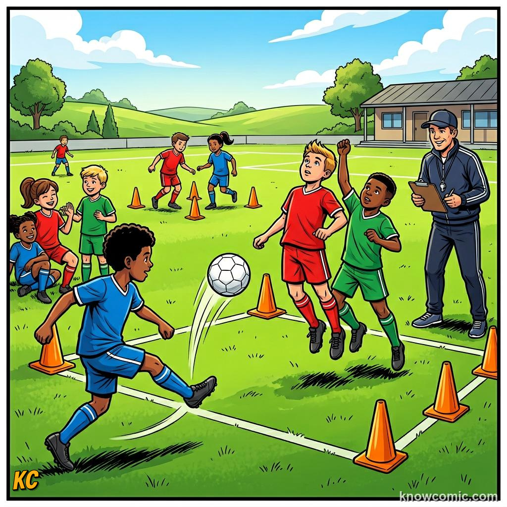 Comic panel labelled crossing drill, illustrating wing play & crosses in KnowComic's World Cup 2026 series