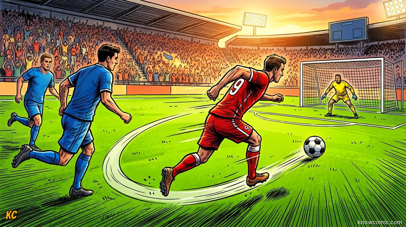 Comic panel titled what is offside, labelled the big idea, from the KnowComic World Cup 2026 lesson on the offside rule, finally simple