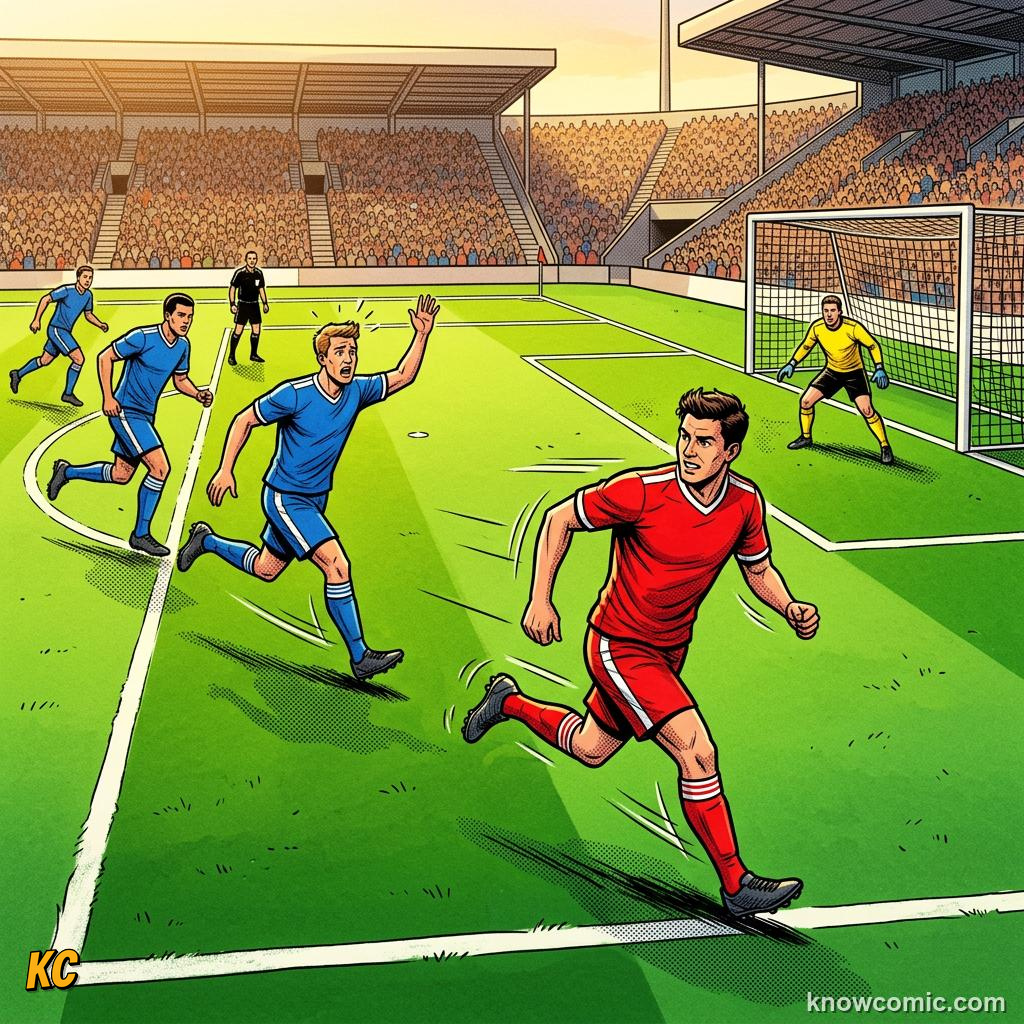 Comic panel titled the second-last defender, labelled the cheat spot, from the KnowComic World Cup 2026 lesson on the offside rule, finally simple