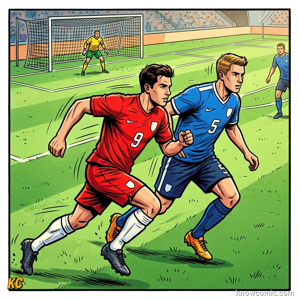 Comic panel titled the second-last defender, labelled on the line, from the KnowComic World Cup 2026 lesson on the offside rule, finally simple