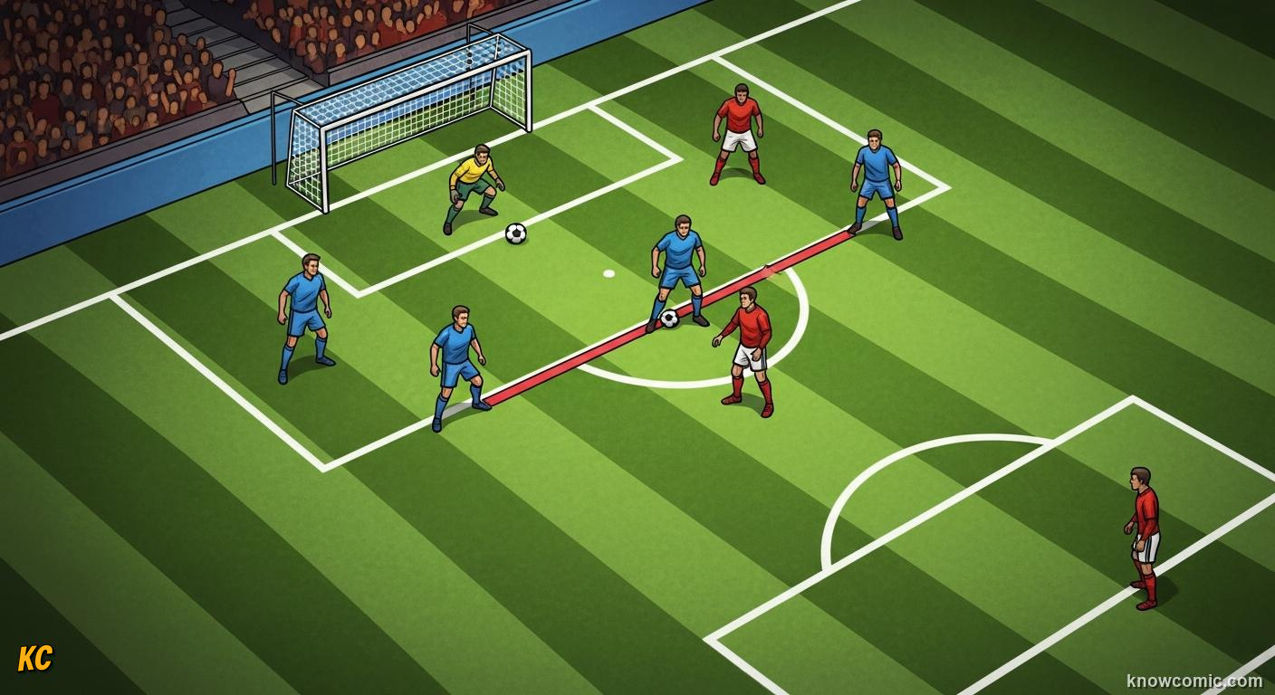 Comic panel titled the second-last defender, labelled the offside line, from the KnowComic World Cup 2026 lesson on the offside rule, finally simple