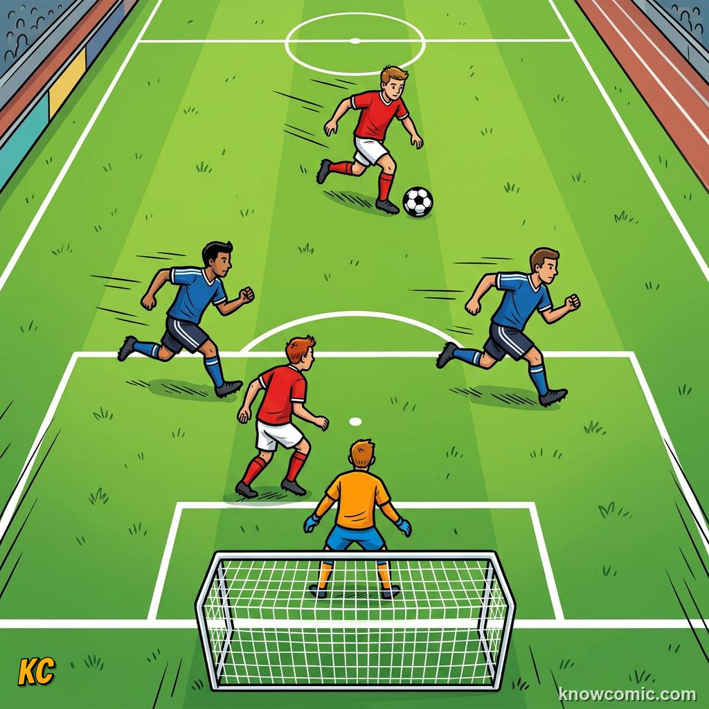 Comic panel titled when the pass is played, labelled two defenders, from the KnowComic World Cup 2026 lesson on the offside rule, finally simple