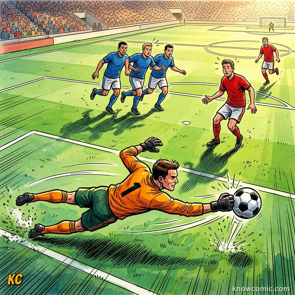 Comic panel titled when the pass is played, labelled keeper out, from the KnowComic World Cup 2026 lesson on the offside rule, finally simple