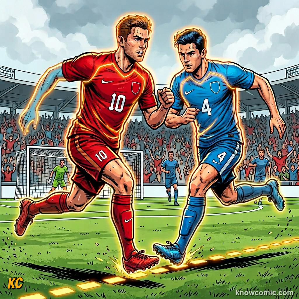 Comic panel titled when the pass is played, labelled body parts, from the KnowComic World Cup 2026 lesson on the offside rule, finally simple