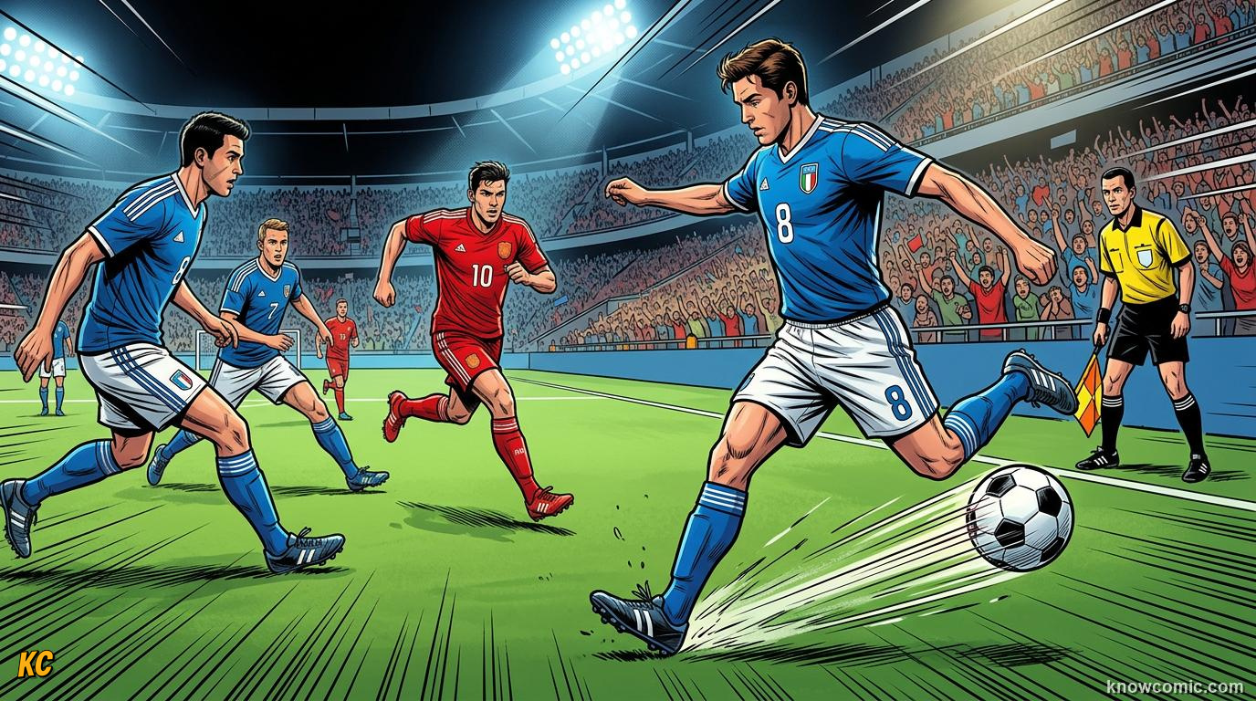 Comic panel titled when the pass is played, labelled active play, from the KnowComic World Cup 2026 lesson on the offside rule, finally simple