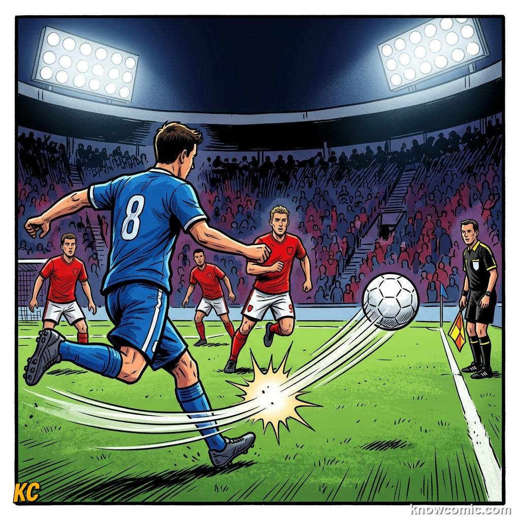 Comic panel titled when the pass is played, labelled through ball, from the KnowComic World Cup 2026 lesson on the offside rule, finally simple